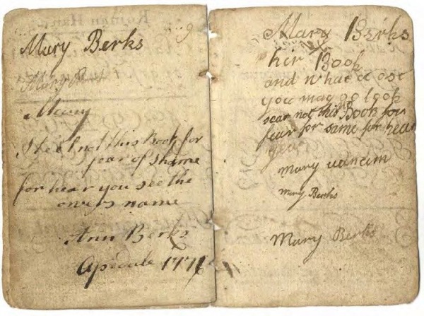 Handwriting by Mary and Ann Berks, dated 1776, found inside A Guide for the Childe and Youth 