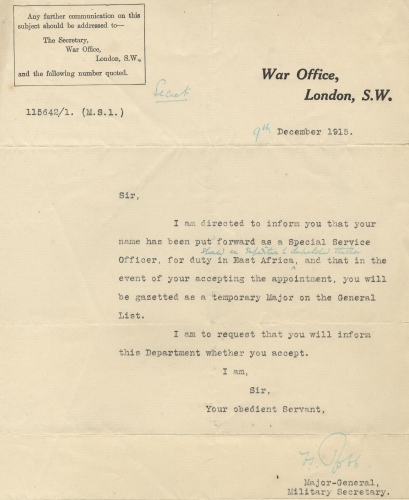 Letter to J C Wedgwood from the War Office, 9th Dec. 1915 [JCW3]