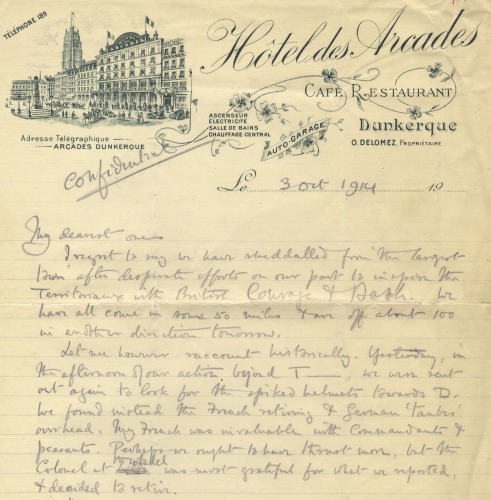 Letter from Josiah to his family, written on the headed paper of a hotel in Dunkirk, 3rd Oct. 1914 [JCW7]