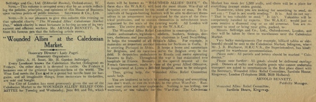 Newspaper article, “Wounded Allies” at the Caledonian Market, 1916 [AB/G8]