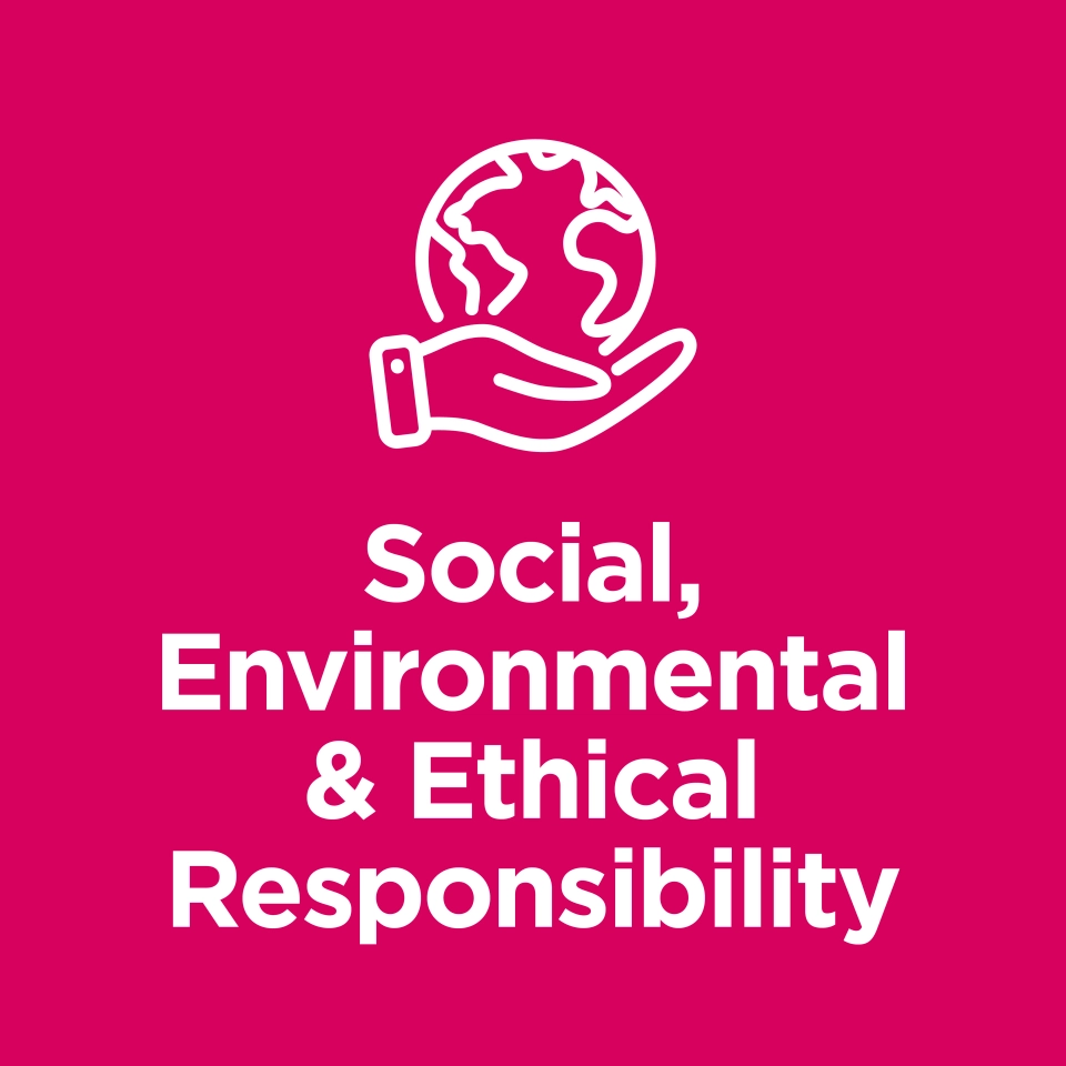 Social Environmental & Ethical Responsibility icon- white text on bright pink background
