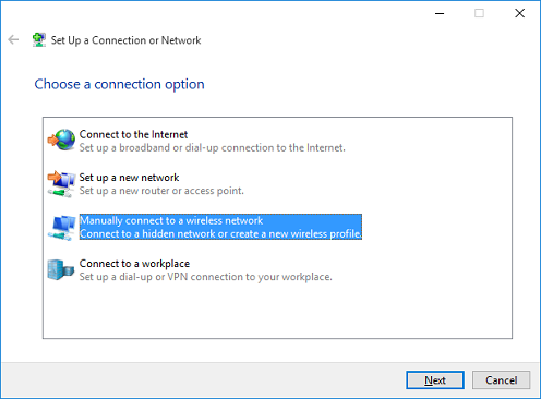 Select Manually Connect to a wireless network