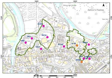 Map of Northwich showing the mines and the seismic network
