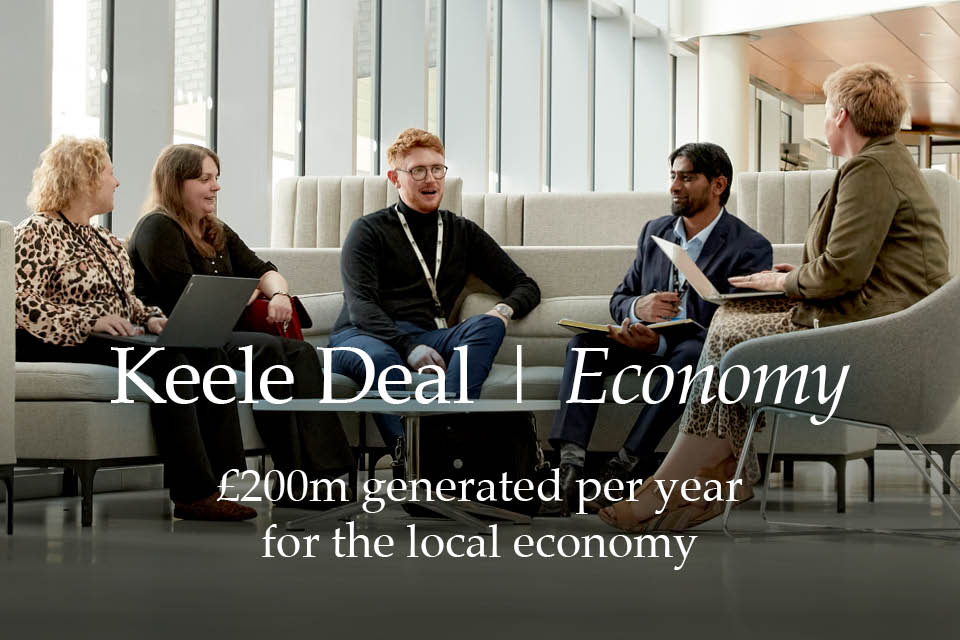 Keele Deal Economy - photo is of five business owners male and female sitting in the atrium of the Smart Innovation Hub at Keele having a meeting 