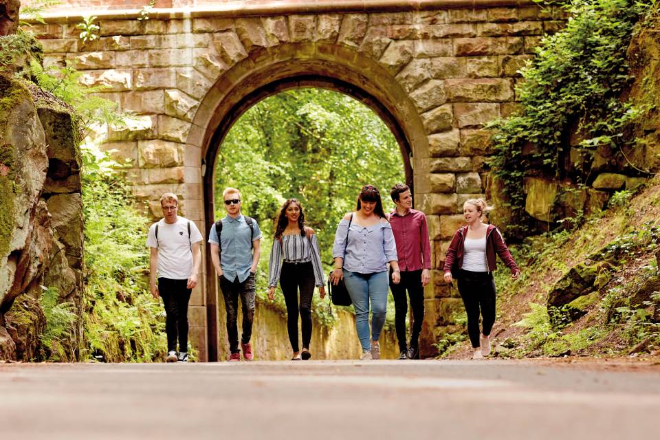 students walking along Clockhouse Drive