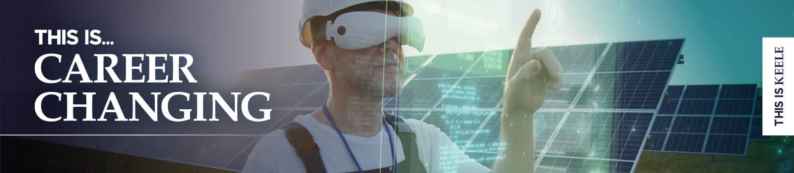 Male with AR headset viewing data, solar panels in the background