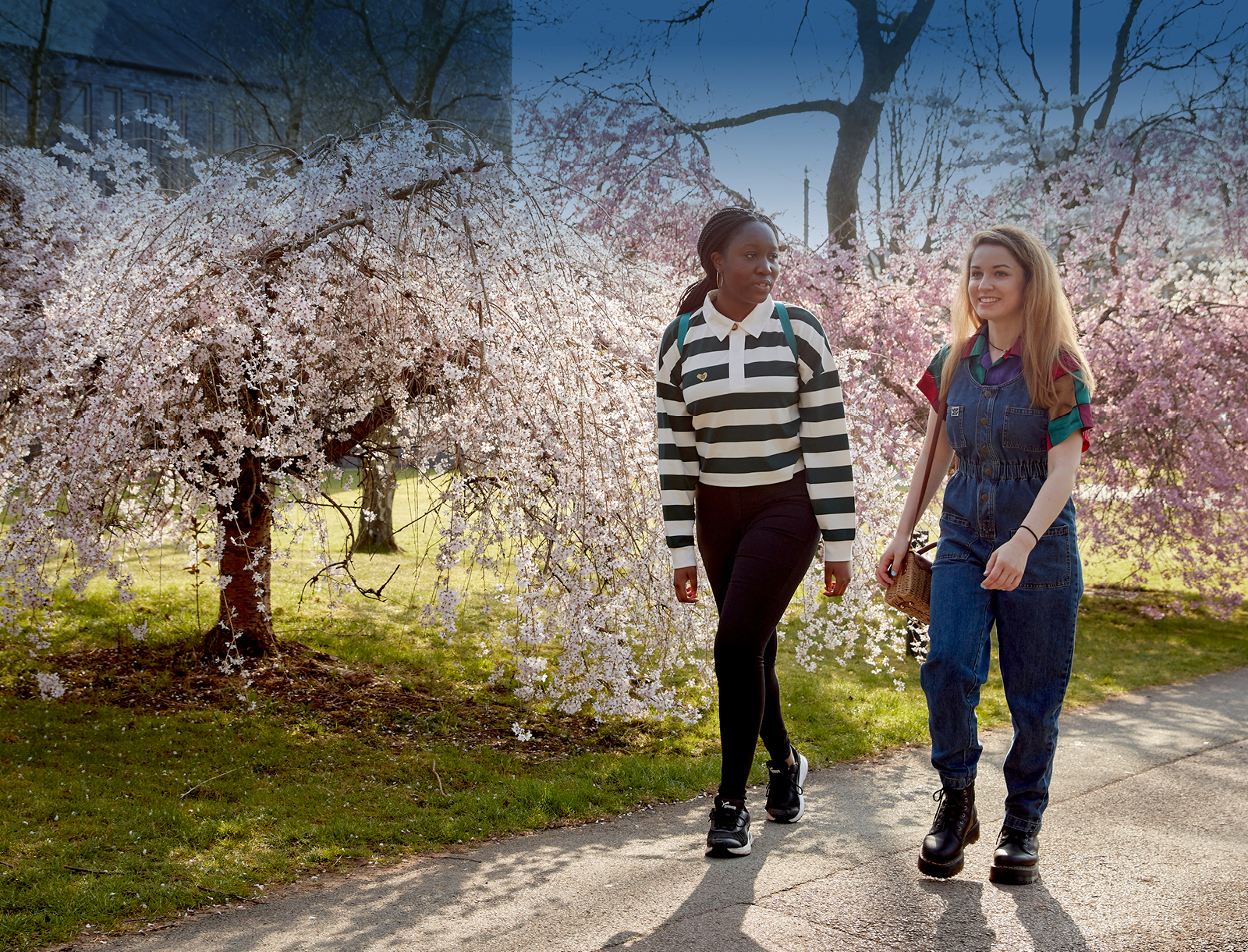 Two students walking down Cherry Tree Walk on Keele University campus.