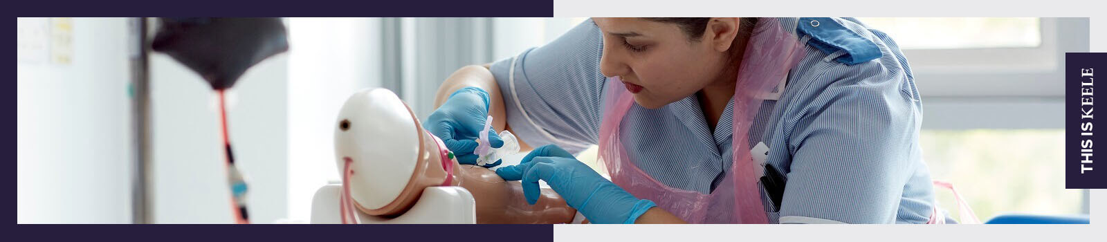 Student nurse practicing taking blood on dummy arm 