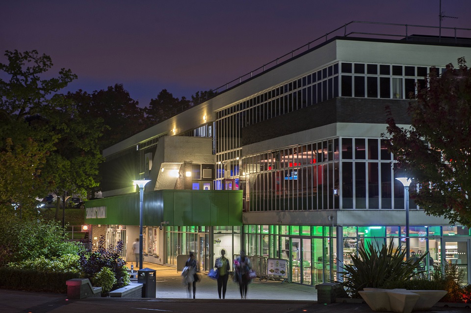 The exterior of the Students' Union at night