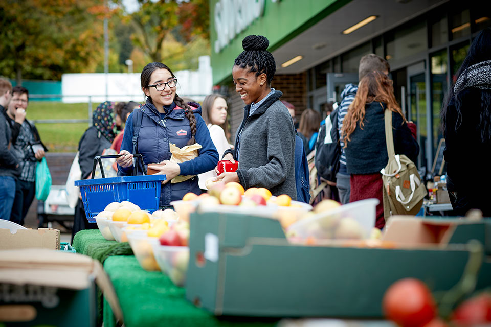 Keele students shopping at Keele campus market