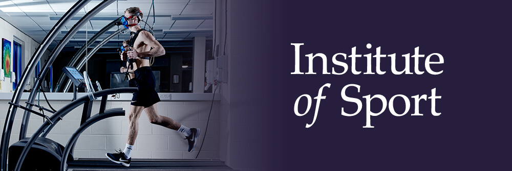 Student running on treadmill with breathing apparatus, with text overlay 'Institute of Sport'