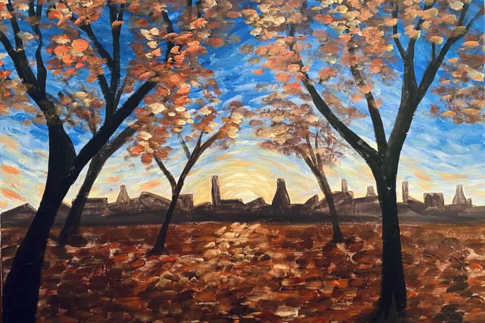 painting of Stoke skyline in autumn