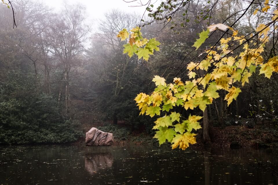 image of Keele Lake with large rock sculpture