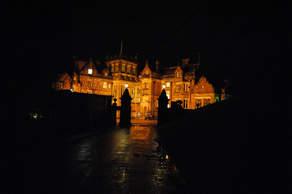 image of keele hall at night