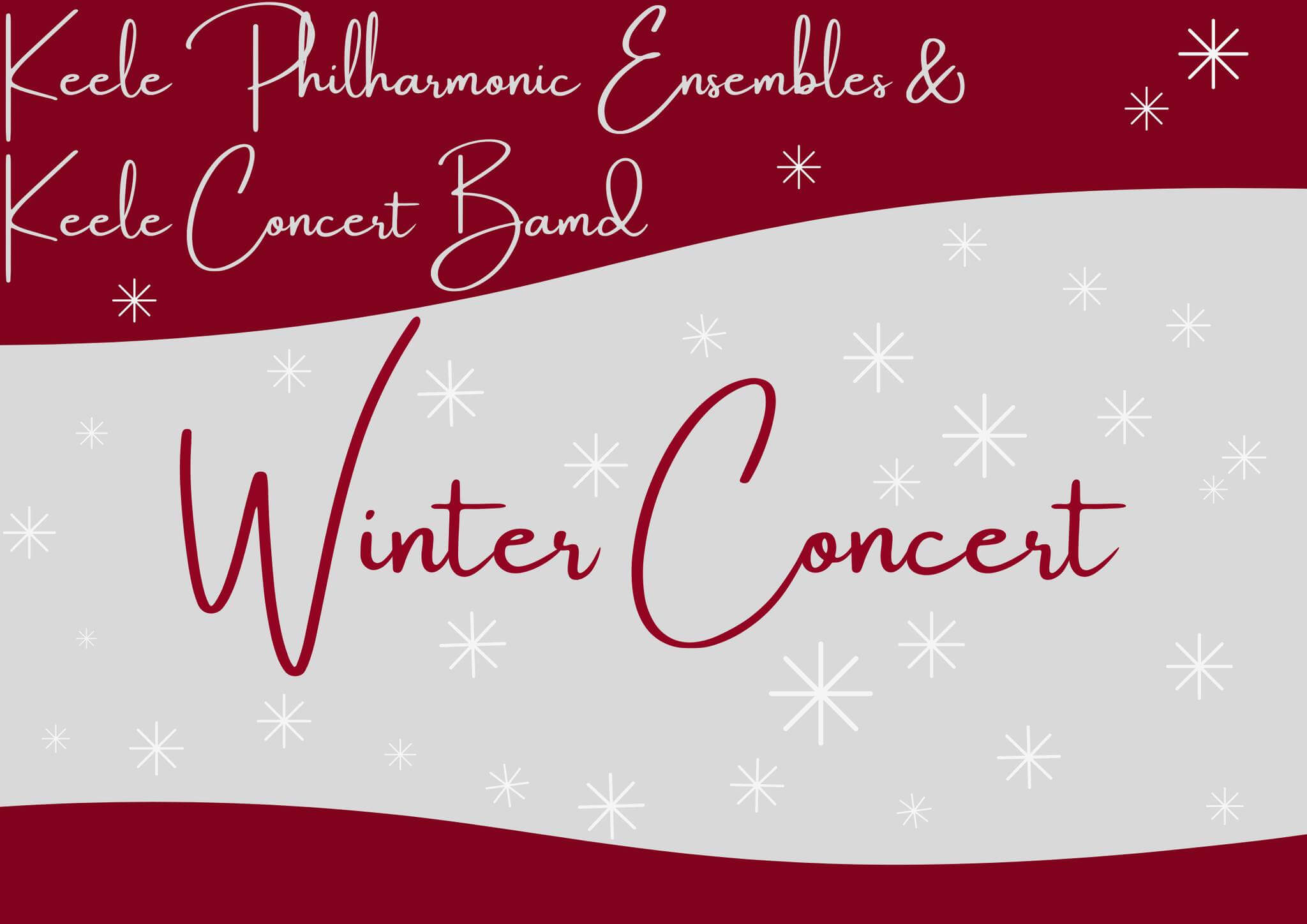 image of red and white festive poster featuring the title of the concert with snowflakes falling