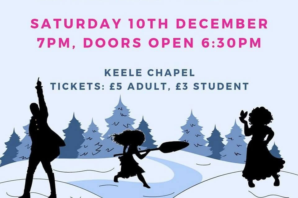 Image featuring the dates and times of the concert with figures dancing in a winter landscape