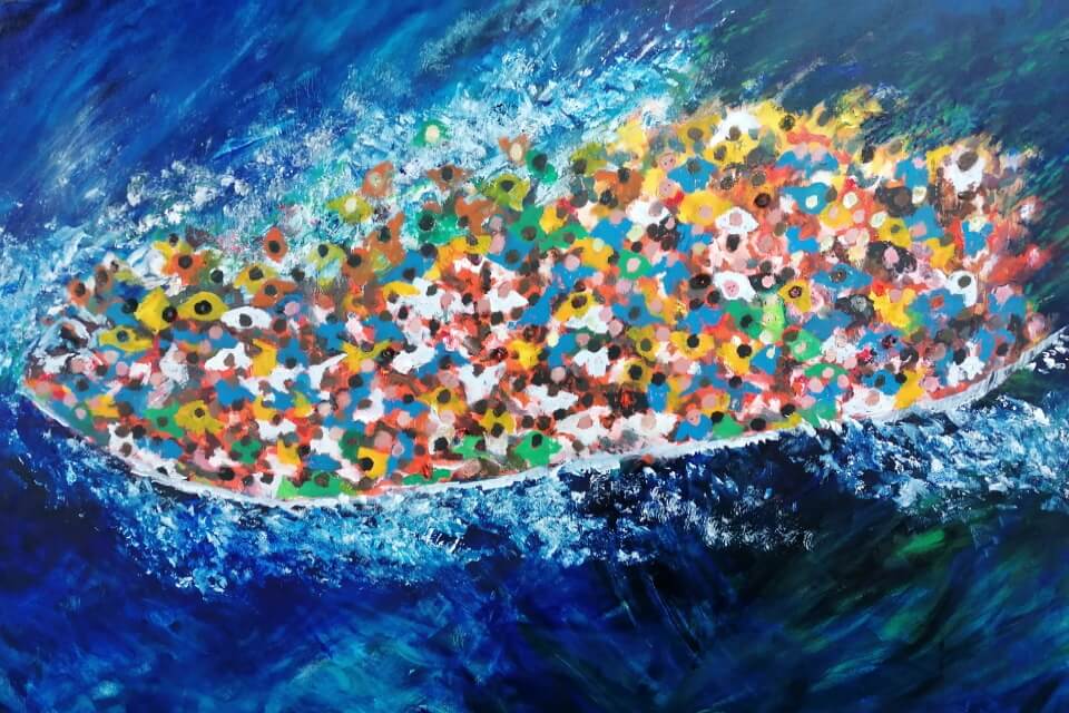 image of migrants in an overcrowded boat. Racing across a deep blue sea.