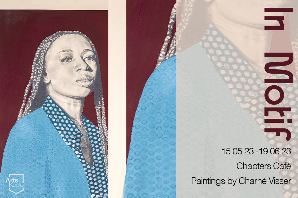 Painting of a Black woman with braids wearing a sky blue jacket over a patterned indigo shirt