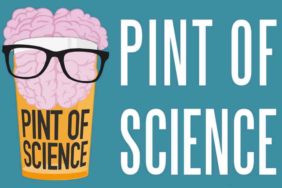 The phrase Pint of Science adjacent to graphic of pint of beer wearing glasses with brain ontop