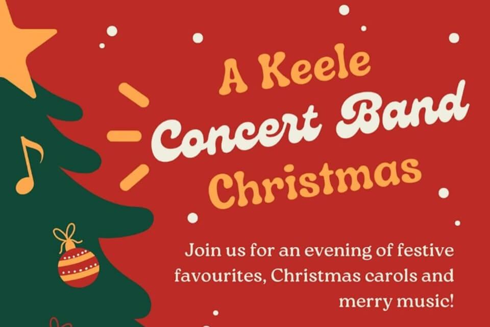 red poster with A Keele Concert Band Christmas written on it and a Christmas tree illustration