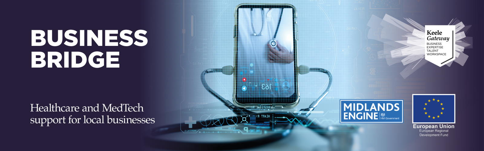 A photo of a mobile phone and a stethoscope, with the text: Business Bridge - Healthcare and MedTech support for local businesses, as well as logos for the Keele Gateway, Midlands Engine and the European Regional Development Fund.
