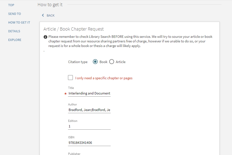 Image showing the resource sharing request form in Library Search