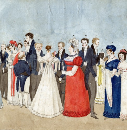 Extracts from the Panorama at Almack’s, watercolour by Charlotte Augusta Sneyd, 1819-1820, measuring 25cm x 228cm [Sneyd Papers]