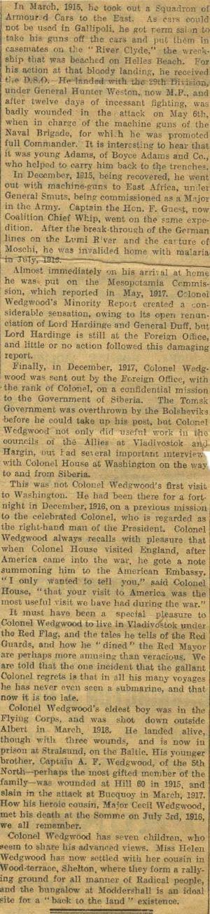 Extract from the Staffordshire Sentinel, Dec. 1918 [JCW6]