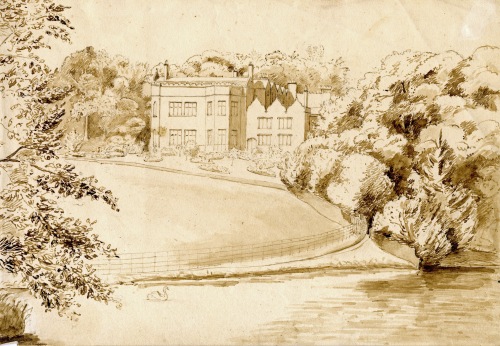Drawing c1828 showing the south-east front of Keele Hall before extensive re-landscaping.