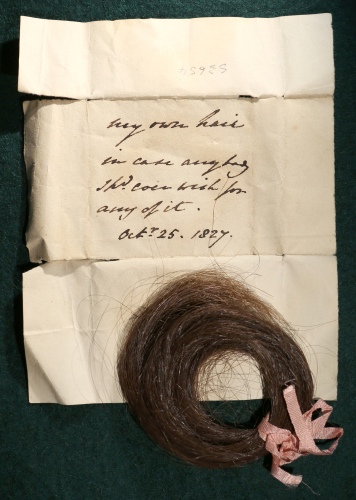 Lock of hair and wrapper, with note, Charlotte Augusta Sneyd, 25 October 1827 [S3654]