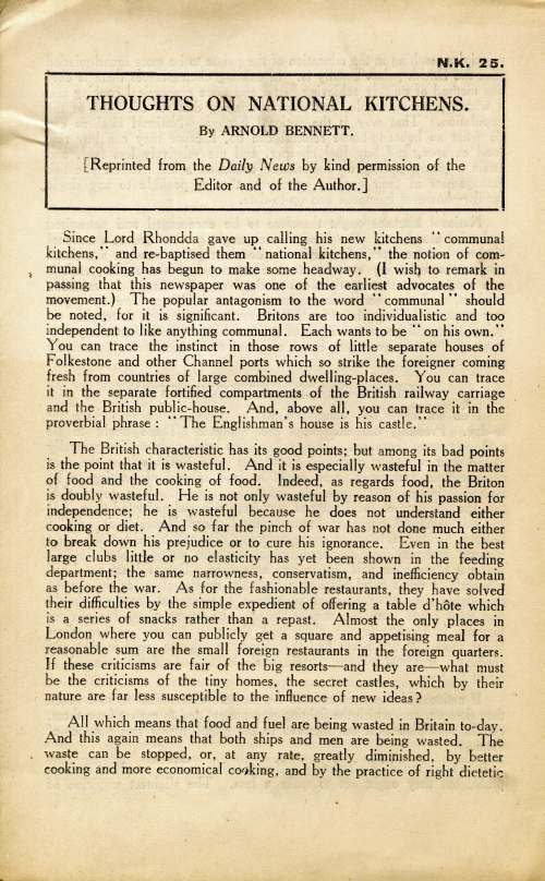 Pamphlet, Thoughts on National Kitchens by Arnold Bennett, 1918 [AB/M17]