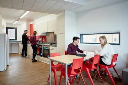 Barnes Hall accommodation - kitchen and social area