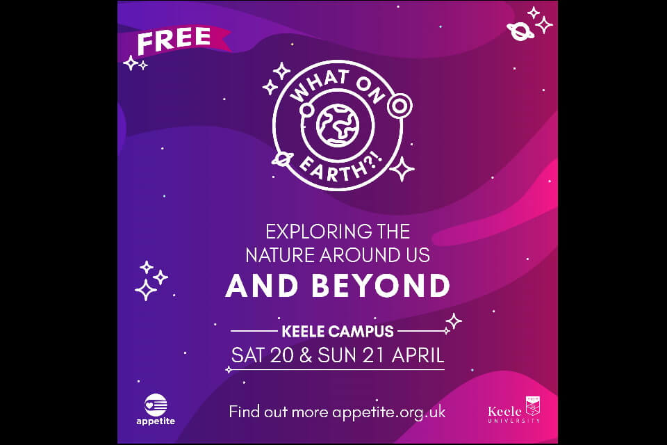 Blue, purple and pink background to a poster displaying a white planet icon with event details.