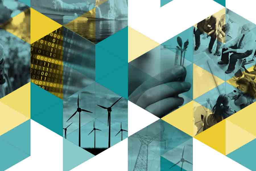 Institute for Sustainable Futures web banner with triangles of blue, yellow and white